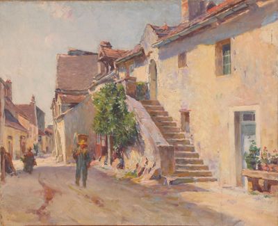 a painting of a man walking down a street