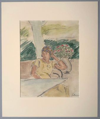 painting of a woman sitting on a ledge with a flower pot