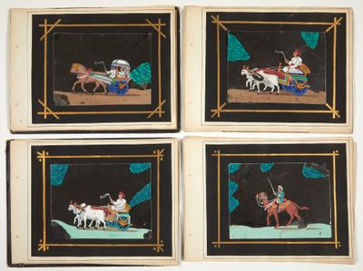 four framed pictures of a man on a horse drawn carriage