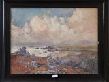 an image of a painting of a landscape with rocks and a body of water