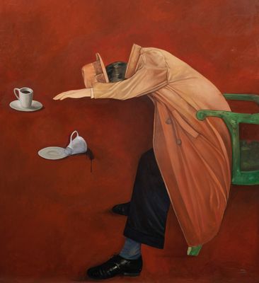 painting of a man sitting in a chair with a book and a cup of coffee
