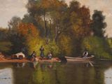 a painting of a group of people in a boat on the water
