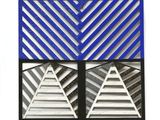 two blue and silver triangles are hanging on a white wall