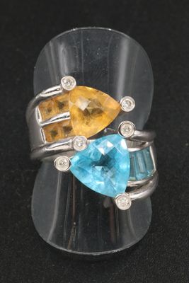 silver ring with blue topaz, citrine and citrine