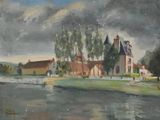 tableau représentant une église au bord d'une rivière