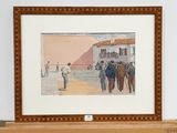 a painting of a man playing a game of tennis