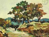 une peinture à l'huile représentant un chemin de terre avec des arbres en arrière-plan