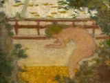 tableau représentant une femme assise sur un banc dans un parc