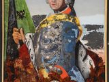 painting of a man dressed in armor holding a green flag
