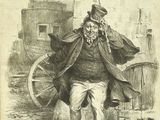 dessin représentant un homme en haut-de-forme et en manteau tirant une charrette