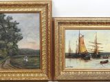 two framed paintings of boats on a river with trees in the background