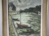 tableau représentant des bateaux sur une rivière, avec un pont en arrière-plan
