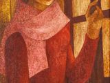 une peinture à l'huile représentant une femme en robe rouge tenant une cruche