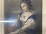 portrait d'une femme vêtue d'une robe bleue et blanche tenant une balle rouge