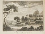 dessin représentant une vue d'un village avec une rivière au premier plan et un château au loin