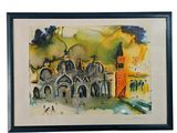 aquarelle encadrée représentant une église avec un clocher