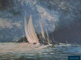 painting of a group of sailboats sailing on a choppy ocean