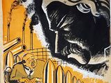 an old poster of a man in a suit and tie looking at a man in a car