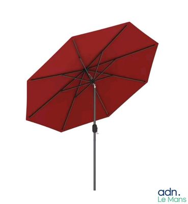 an open red umbrella with a black pole on a white background