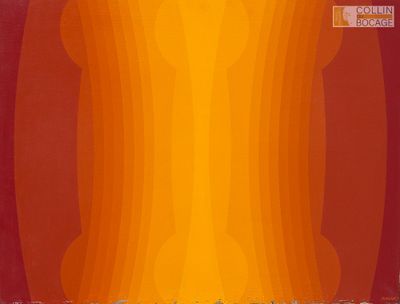 une affiche orange et jaune sur fond rouge