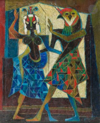 un tableau représentant deux femmes qui dansent devant un miroir
