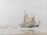 a painting of a boat in the water on the beach