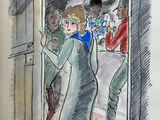 a drawing of a group of people standing in a room