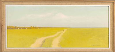 an oil painting of a dirt road in the middle of a field