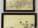 two framed paintings of people on a beach with a boat in the water