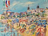une peinture à l'huile représentant une scène de plage avec des parasols et des personnes