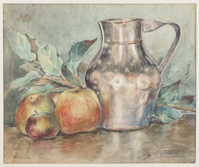a painting of a pitcher and two apples on a table