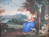 tableau représentant une vieille femme en train de lire un livre dans un décor boisé