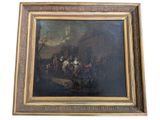 an oil painting of a group of people on horseback in a wooded setting