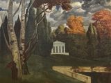 tableau représentant un parc avec des arbres et un bâtiment en arrière-plan