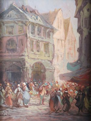 peinture d'une scène de rue avec une foule de personnes marchant dans la rue