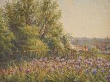 an oil painting of a field of flowers with trees in the background