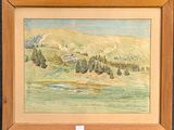 painting of a mountain landscape with a lake in the foreground and trees in the foreground