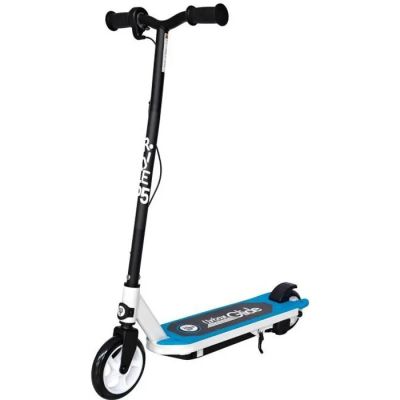 a white and blue scooter with a black handle