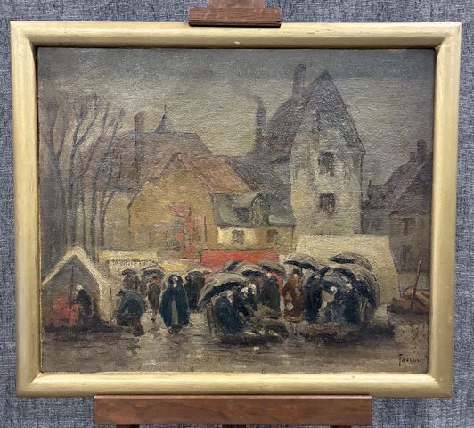 Charles FAUCHIER « Marché à La Châtre sous la pluie ». Huile sur ...