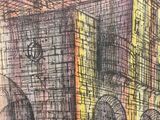 a drawing of a building with a clock on it