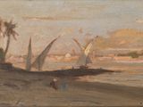 une image représentant un tableau représentant une scène de plage avec des voiliers sur l'eau
