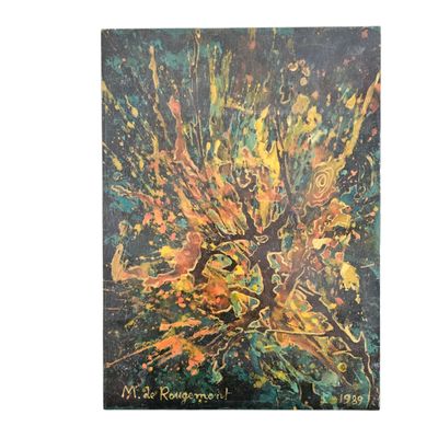 peinture représentant un arbre aux feuilles jaunes et vertes sur fond noir