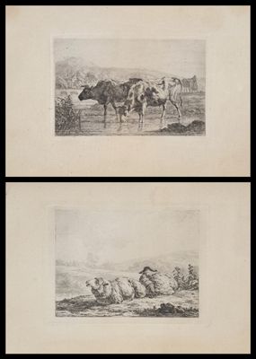 two drawings of cows in a field with a man on a horse