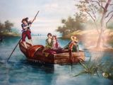 painting of three people in a boat on a lake with trees