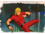 an image of a man in a red suit kicking a soccer ball