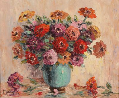 une peinture de fleurs dans un vase bleu sur une table