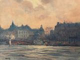 a painting of a view of a city from a river