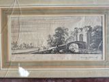 framed drawing of a bridge over a river with a castle in the background