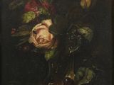 tableau représentant une nature morte composée de fleurs dans un vase en verre, accompagnées de raisins et de cerises
