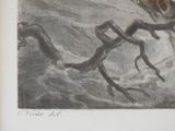 a drawing of a man riding a horse in the water